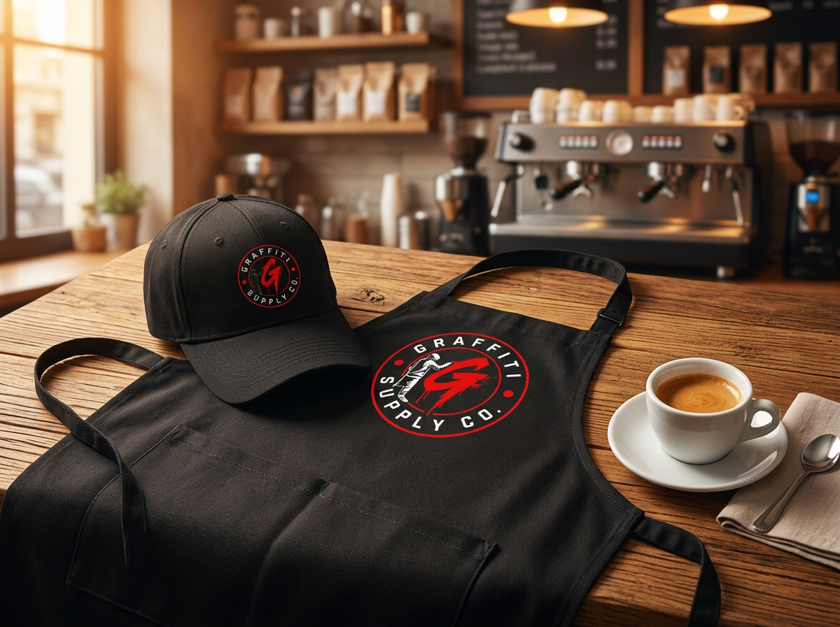 Graffiti Supply Co coffee apron and cap mockup with preserved logo artwork